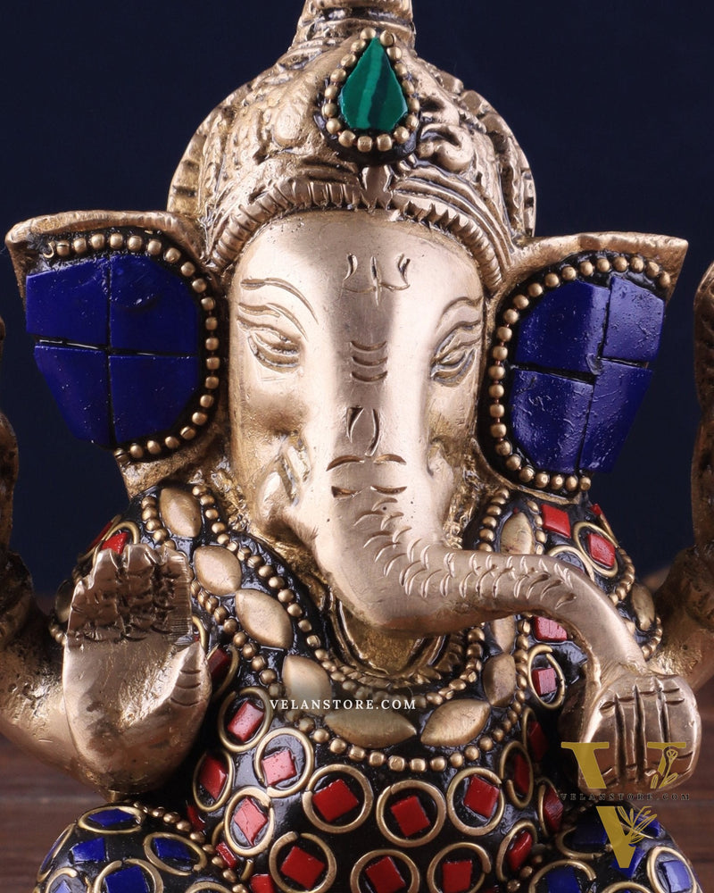 Small Pure Brass Lord Ganesha Idol with Stonework - 5 Inch