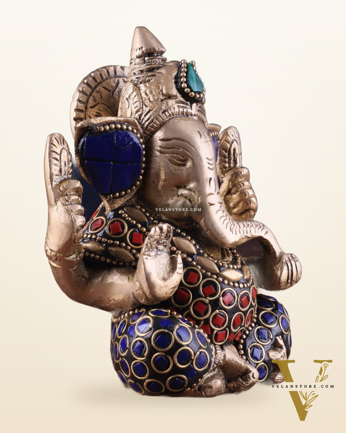 Small Pure Brass Lord Ganesha Idol with Stonework - 5 Inch