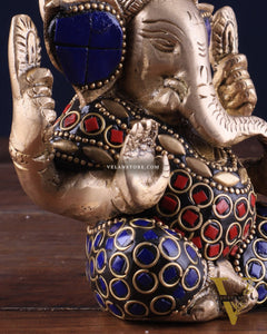 Small Pure Brass Lord Ganesha Idol with Stonework - 5 Inch