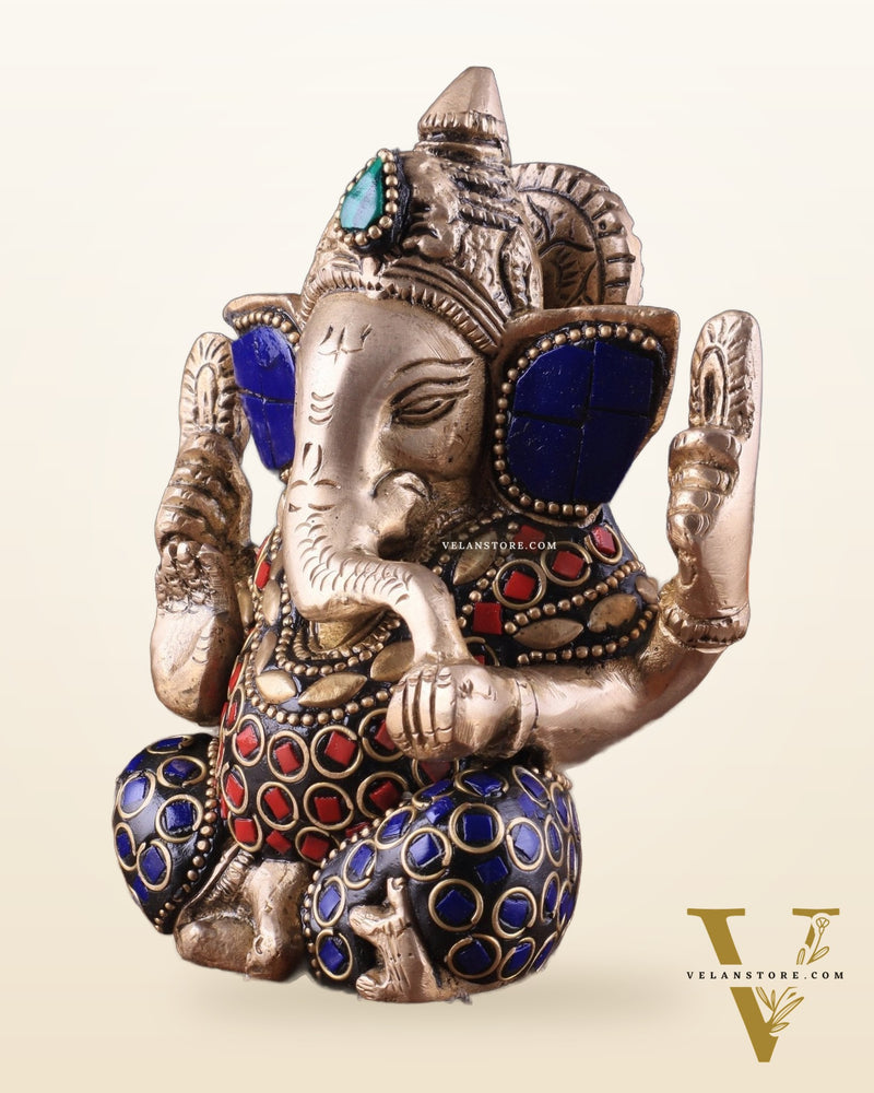 Small Pure Brass Lord Ganesha Idol with Stonework - 5 Inch