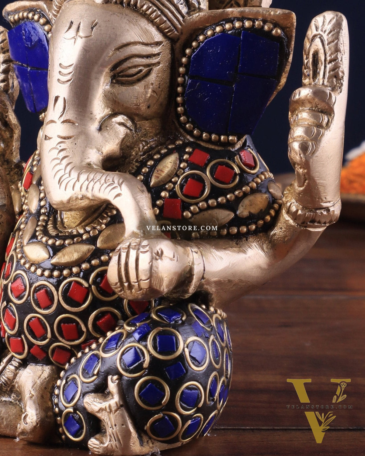 Small Pure Brass Lord Ganesha Idol with Stonework - 5 Inch