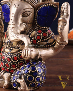 Small Pure Brass Lord Ganesha Idol with Stonework - 5 Inch