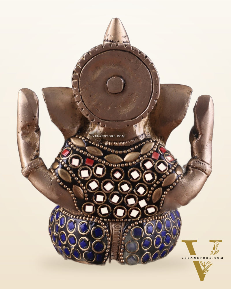Small Pure Brass Lord Ganesha Idol with Stonework - 5 Inch