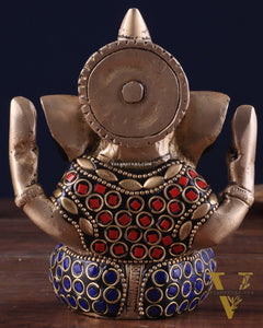 Small Pure Brass Lord Ganesha Idol with Stonework - 5 Inch