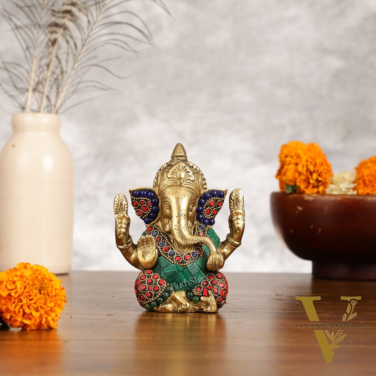 Small Pure Brass Lord Ganesha Idol with Stonework - 5 Inch