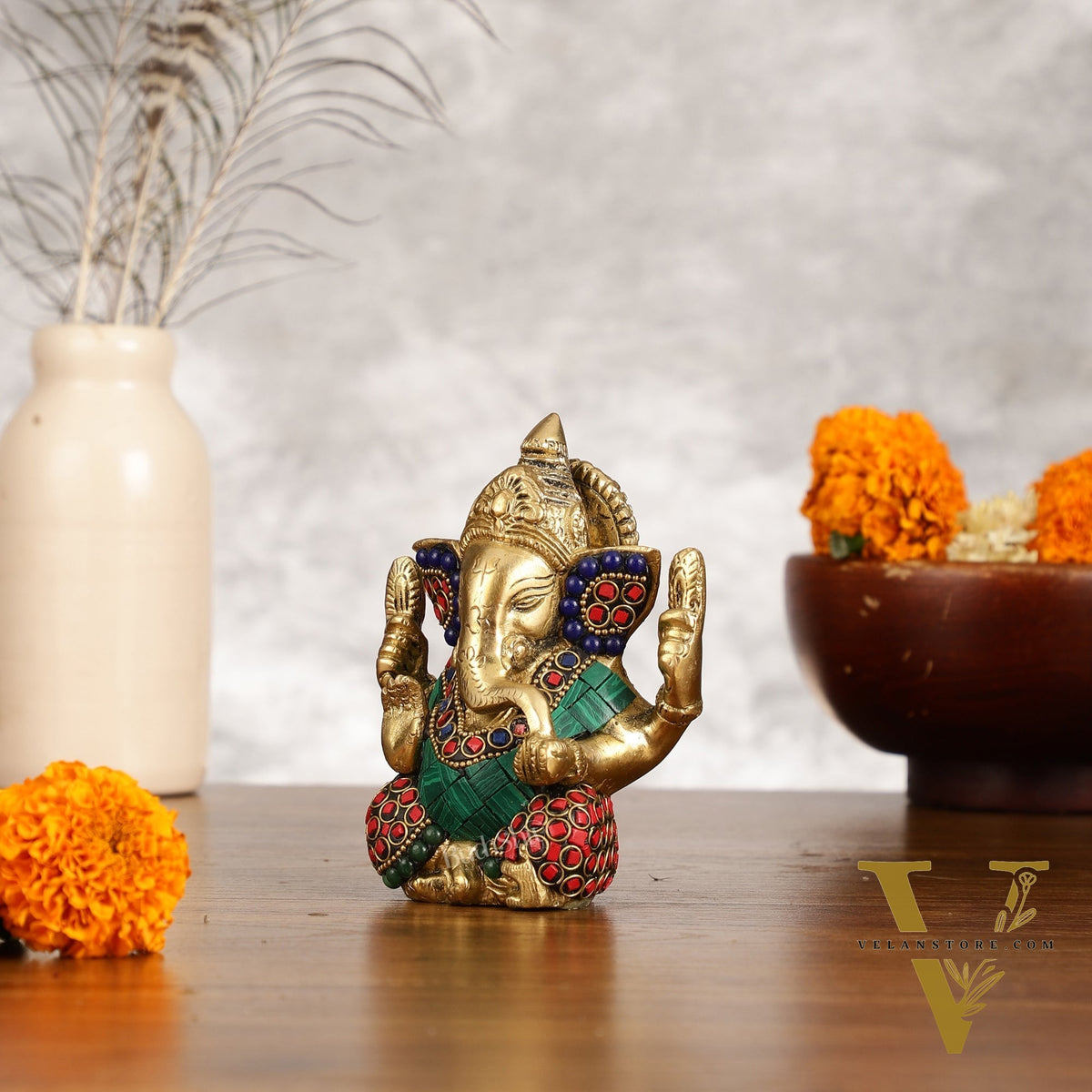 Small Pure Brass Lord Ganesha Idol with Stonework - 5 Inch