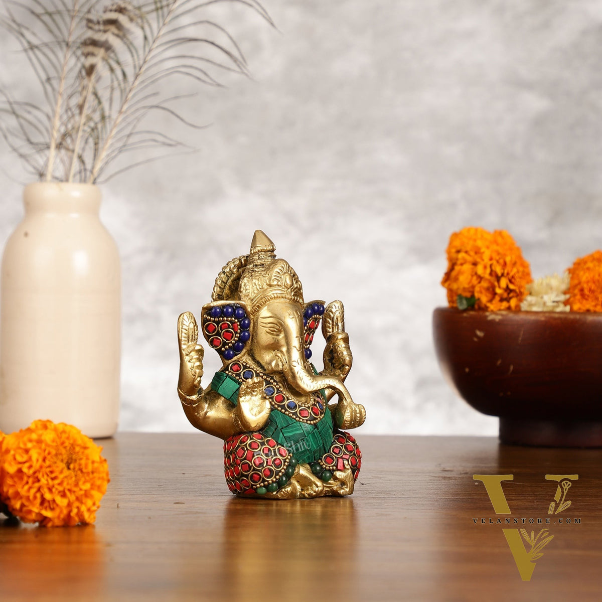 Small Pure Brass Lord Ganesha Idol with Stonework - 5 Inch