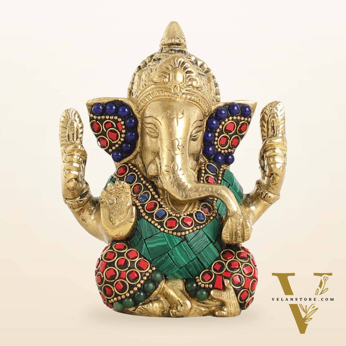 Small Pure Brass Lord Ganesha Idol with Stonework - 5 Inch