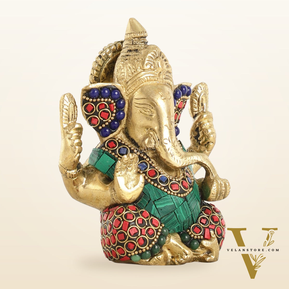 Small Pure Brass Lord Ganesha Idol with Stonework - 5 Inch