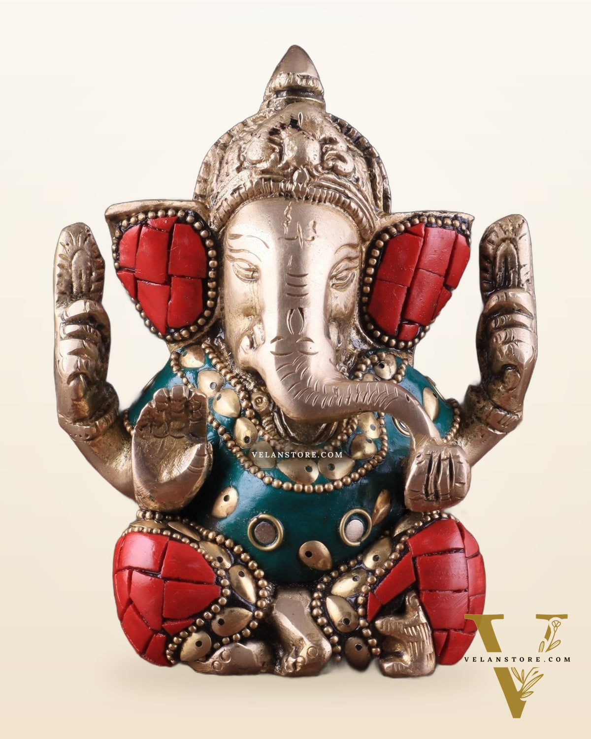 Small Pure Brass Lord Ganesha Idol with Stonework - 5 Inch