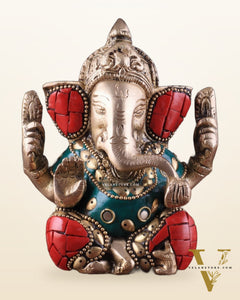 Small Pure Brass Lord Ganesha Idol with Stonework - 5 Inch