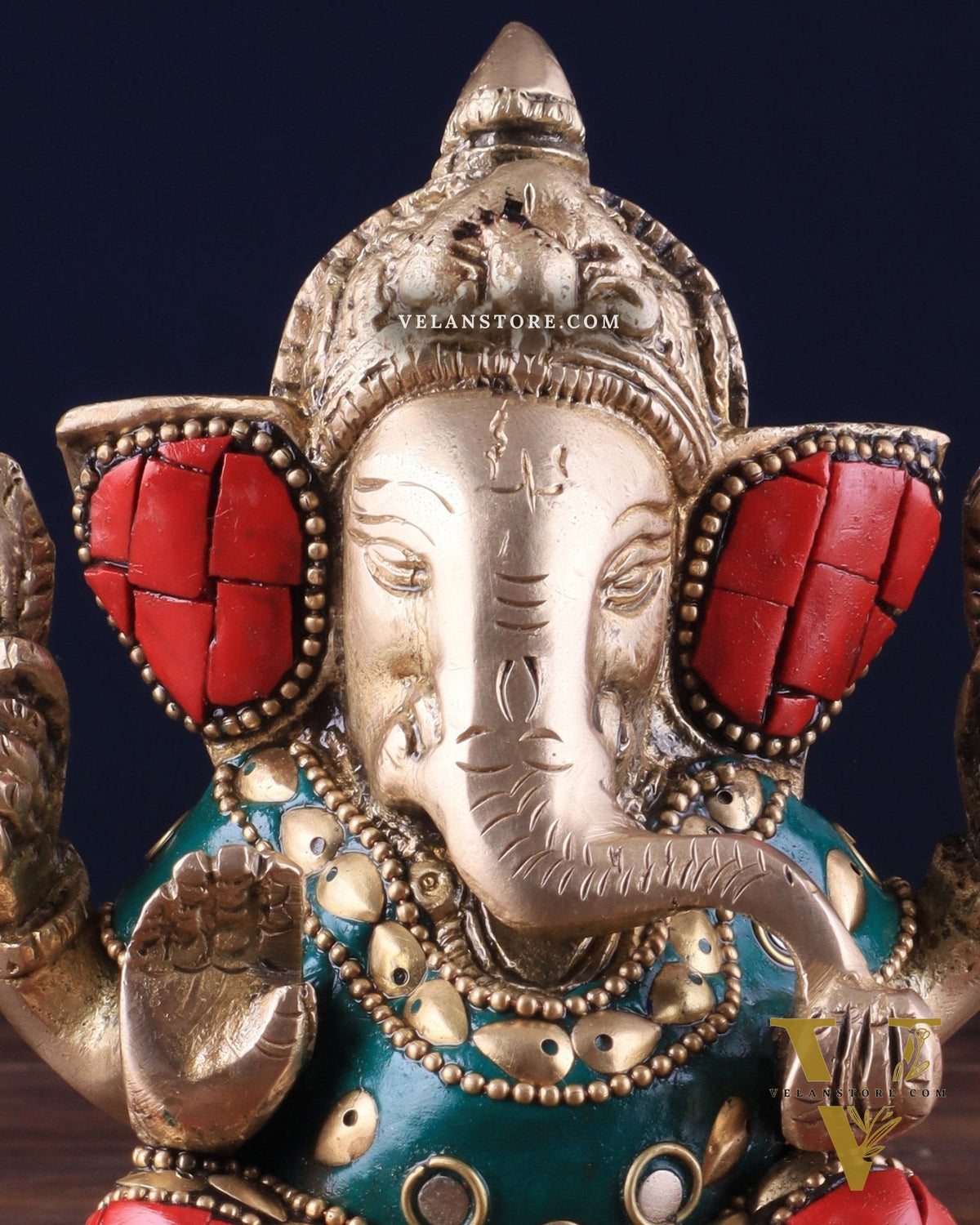 Small Pure Brass Lord Ganesha Idol with Stonework - 5 Inch