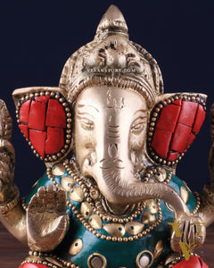 Small Pure Brass Lord Ganesha Idol with Stonework - 5 Inch