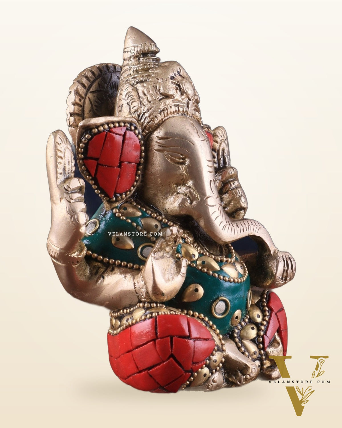 Small Pure Brass Lord Ganesha Idol with Stonework - 5 Inch