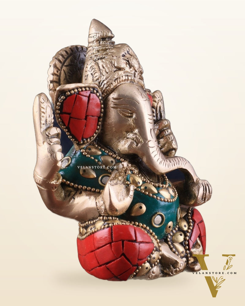 Small Pure Brass Lord Ganesha Idol with Stonework - 5 Inch