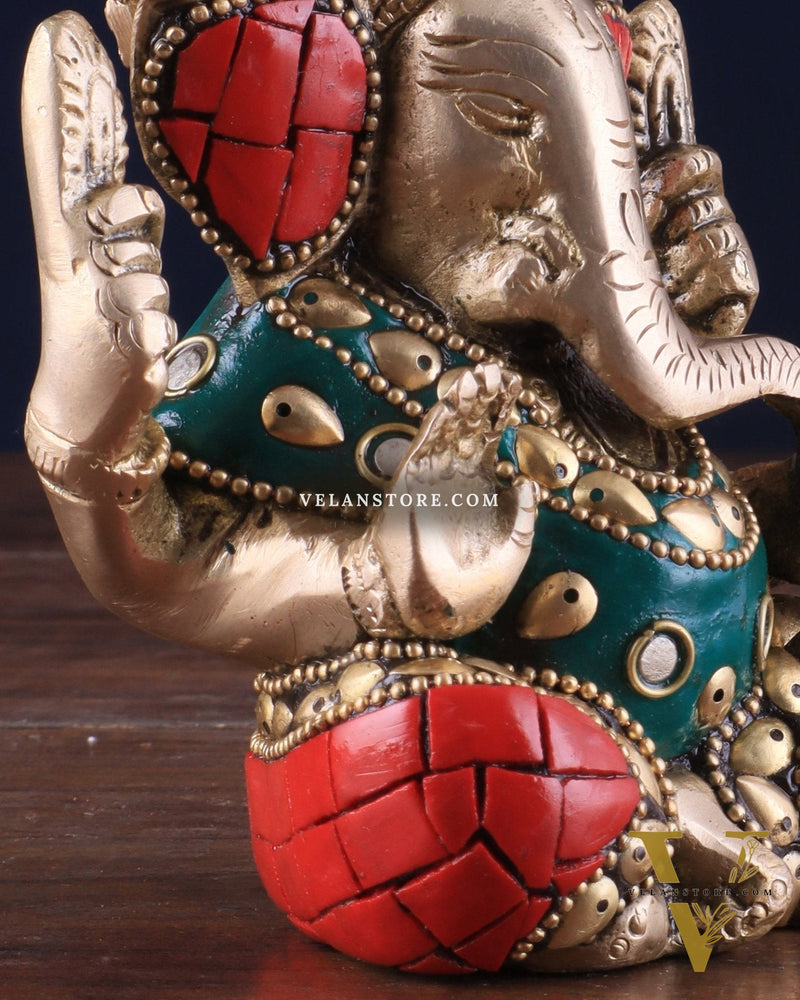 Small Pure Brass Lord Ganesha Idol with Stonework - 5 Inch