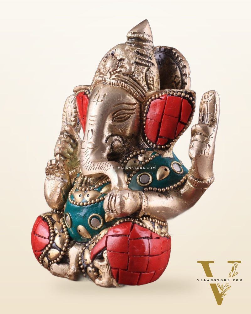 Small Pure Brass Lord Ganesha Idol with Stonework - 5 Inch