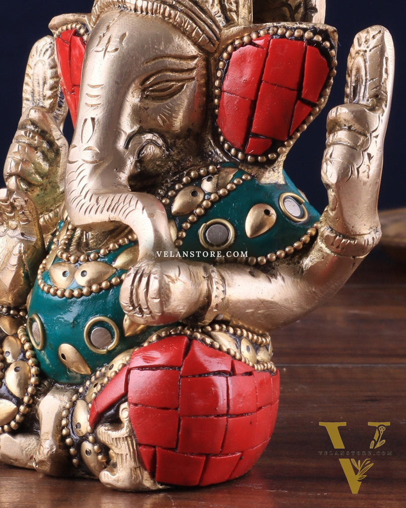 Small Pure Brass Lord Ganesha Idol with Stonework - 5 Inch