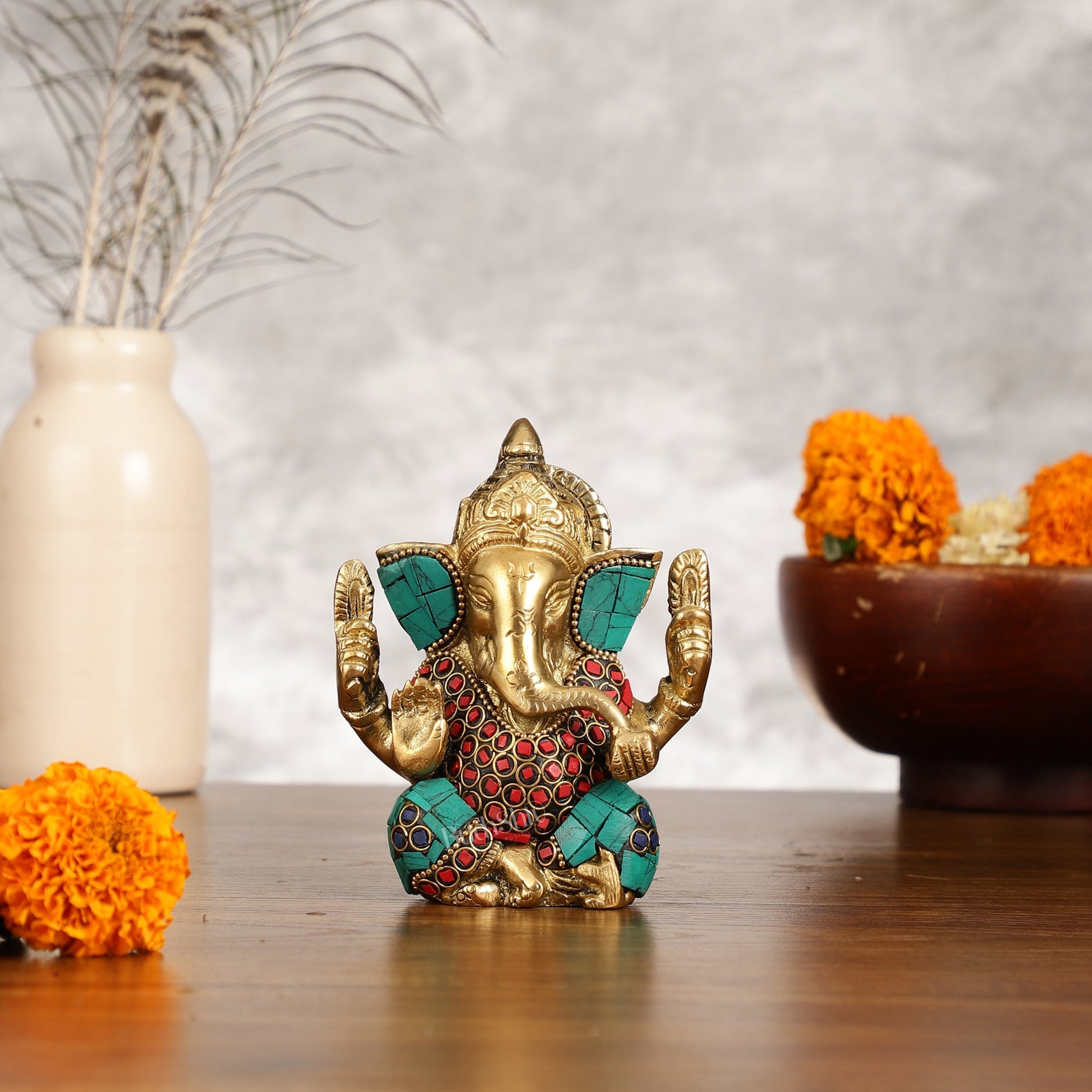 Small Pure Brass Lord Ganesha Idol with Stonework - 5 Inch