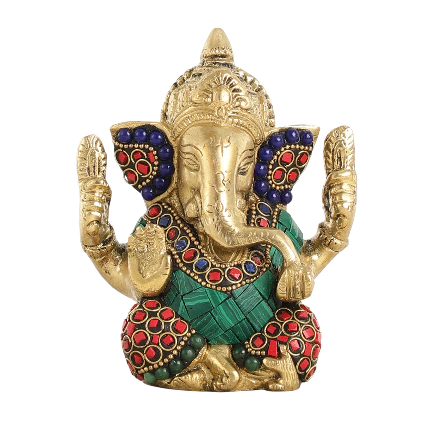 Small Pure Brass Lord Ganesha Idol with Stonework - 5 Inch