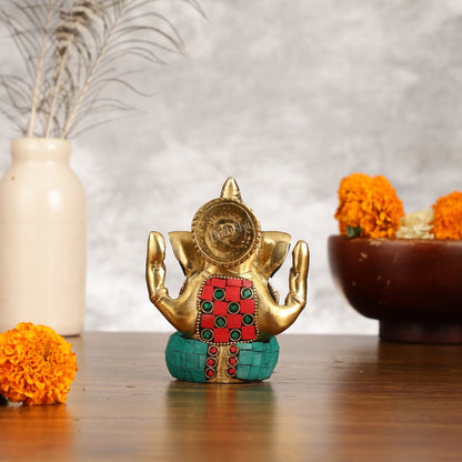 Small Pure Brass Lord Ganesha Idol with Stonework - 5 Inch