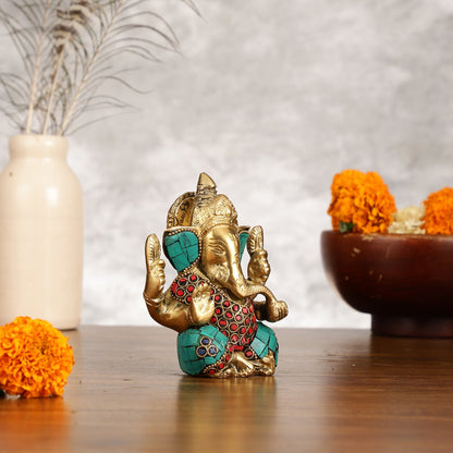 Small Pure Brass Lord Ganesha Idol with Stonework - 5 Inch