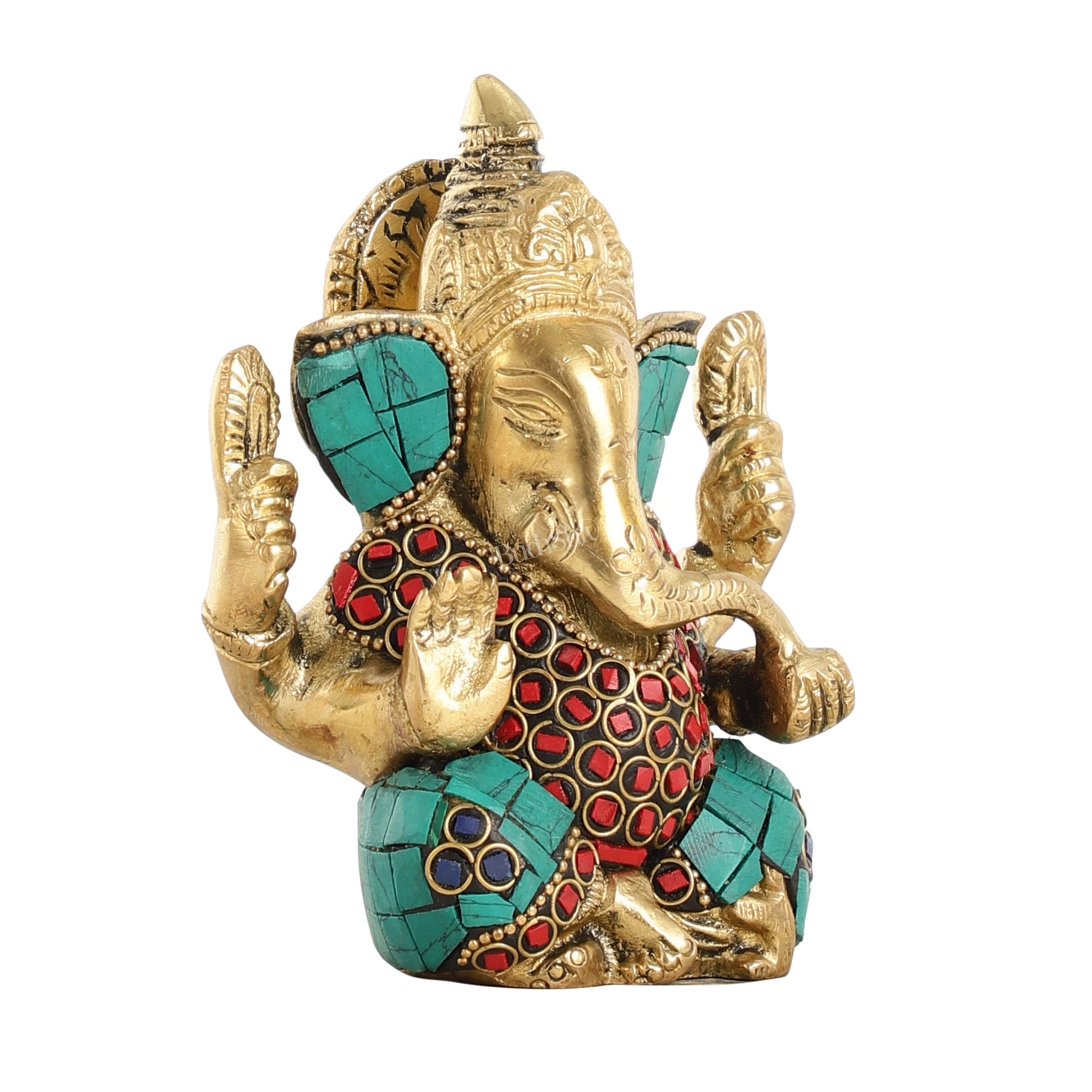 Small Pure Brass Lord Ganesha Idol with Stonework - 5 Inch