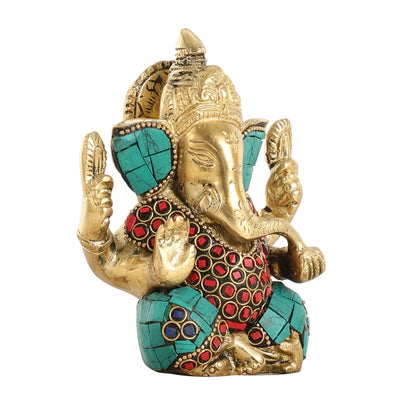 Small Pure Brass Lord Ganesha Idol with Stonework - 5 Inch