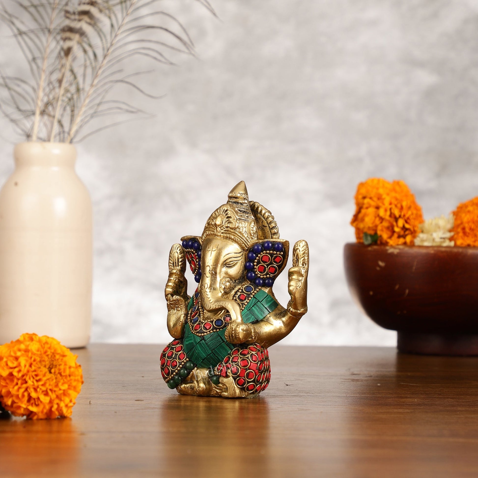 Small Pure Brass Lord Ganesha Idol with Stonework - 5 Inch