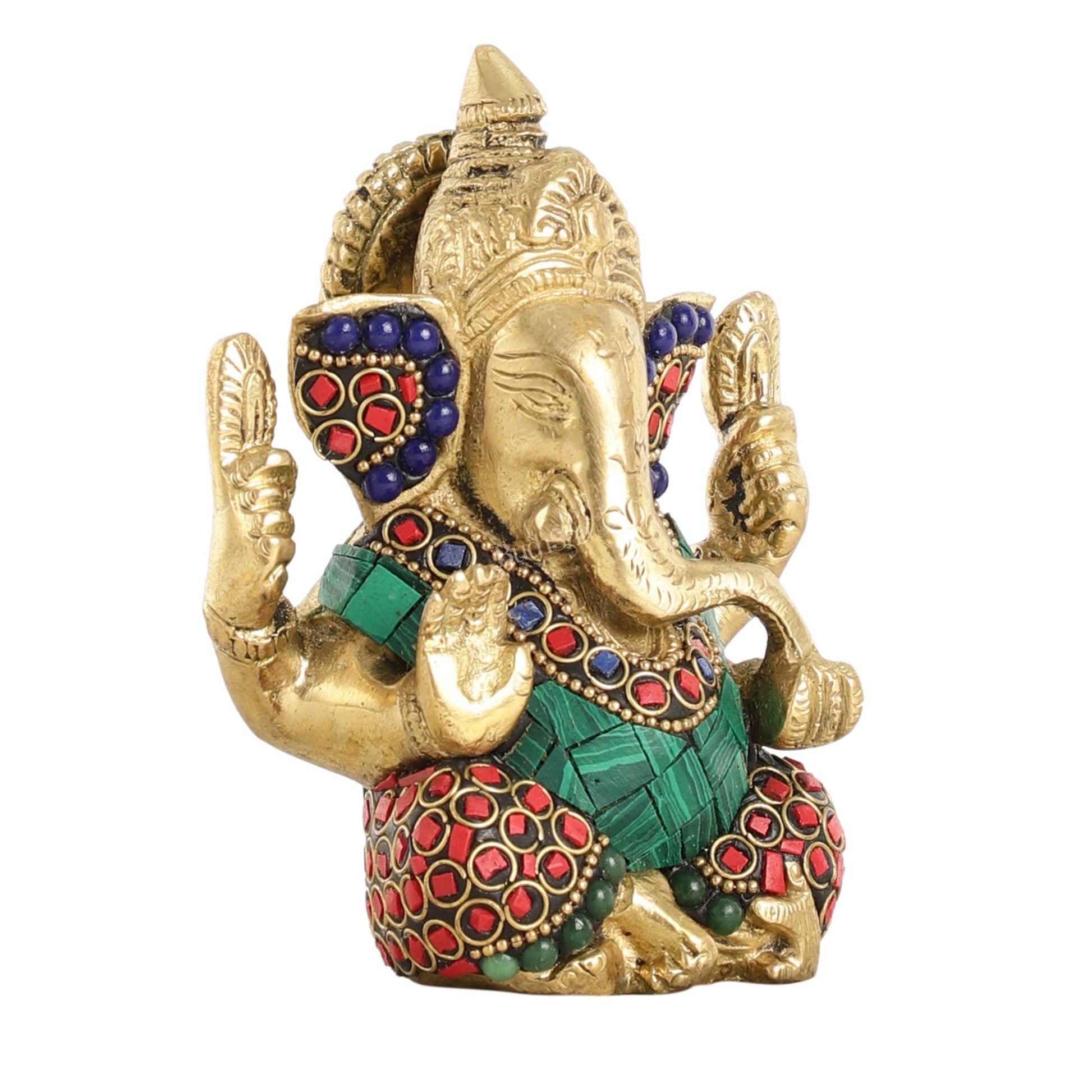 Small Pure Brass Lord Ganesha Idol with Stonework - 5 Inch