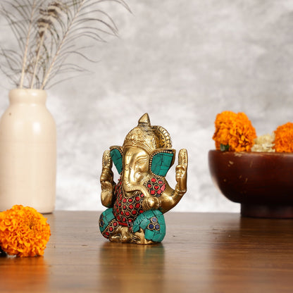 Small Pure Brass Lord Ganesha Idol with Stonework - 5 Inch