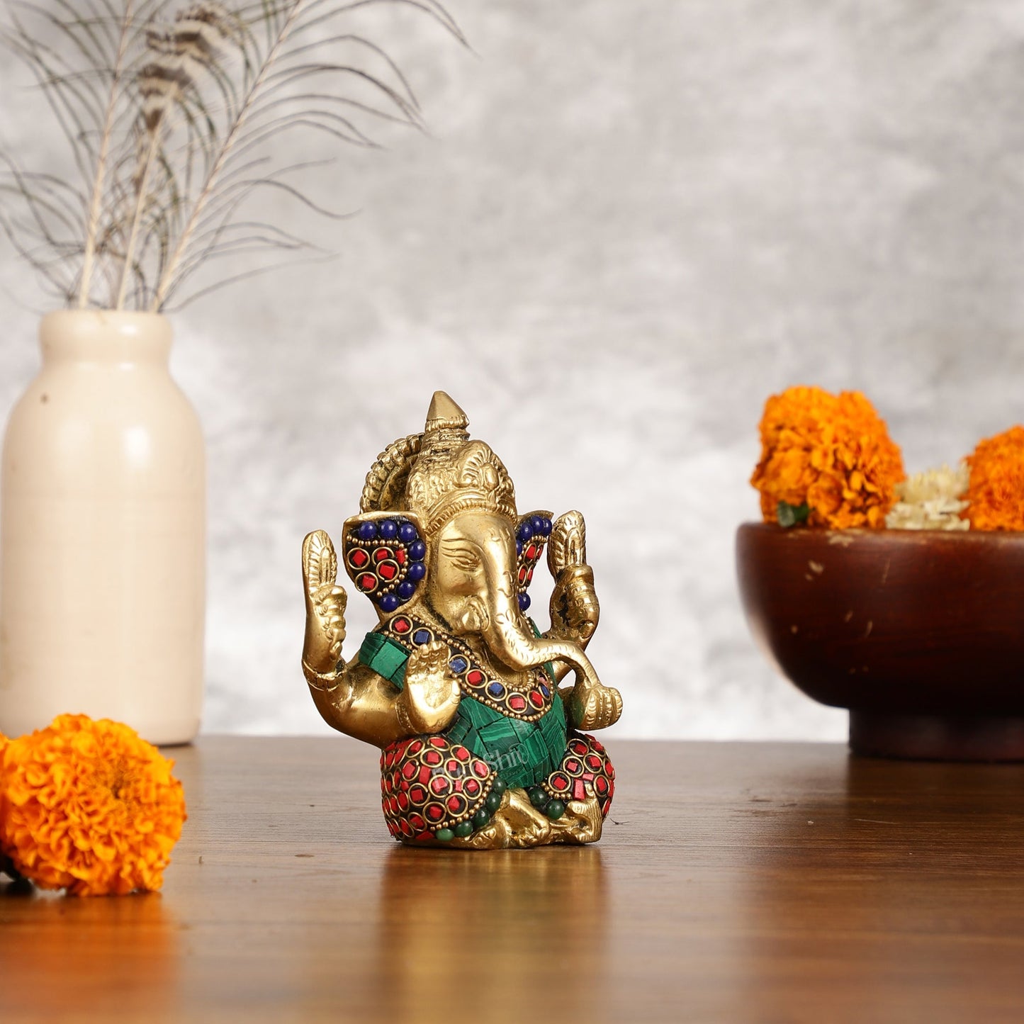 Small Pure Brass Lord Ganesha Idol with Stonework - 5 Inch
