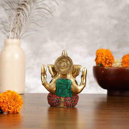 Small Pure Brass Lord Ganesha Idol with Stonework - 5 Inch