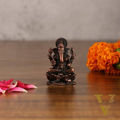 Small Pure Copper Ganapati on Lotus Idol | 2.5"