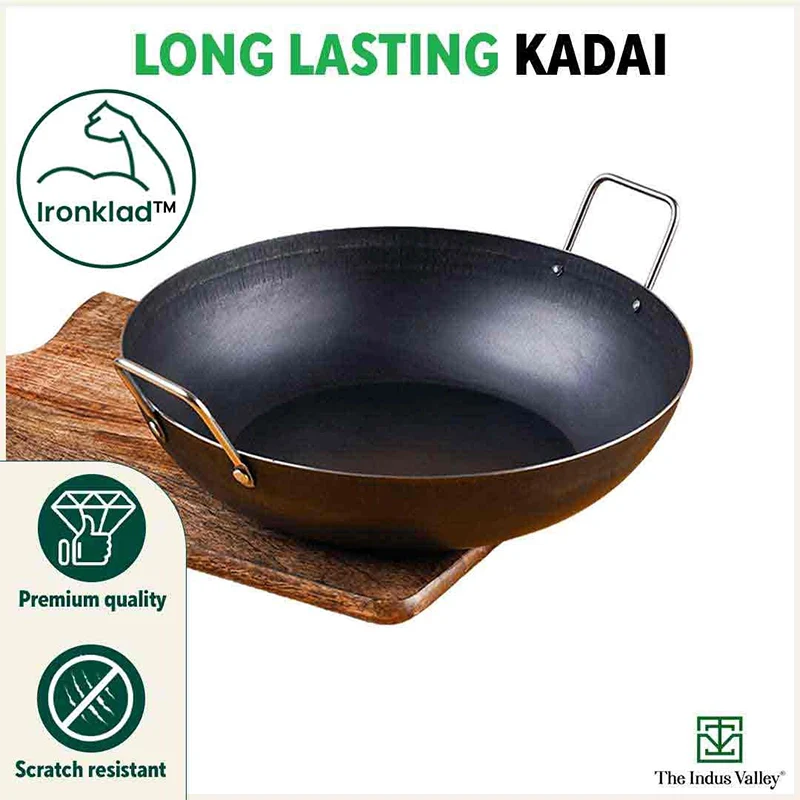 100% Pure Sheet Iron Kadai, Seasoned, Toxin-free, 1.4/2.7/4.4L, 0.6/0.9/1.4kg