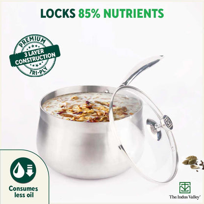 TurboCuk Tri-ply Stainless Steel Saucepan/ Milk/ Tea Pan+ Glass Lid, Premium Quality, 3 Layer Thick Body, 100% Toxin-free, Non-stick,  Induction & Gas, 1.5/3.5L