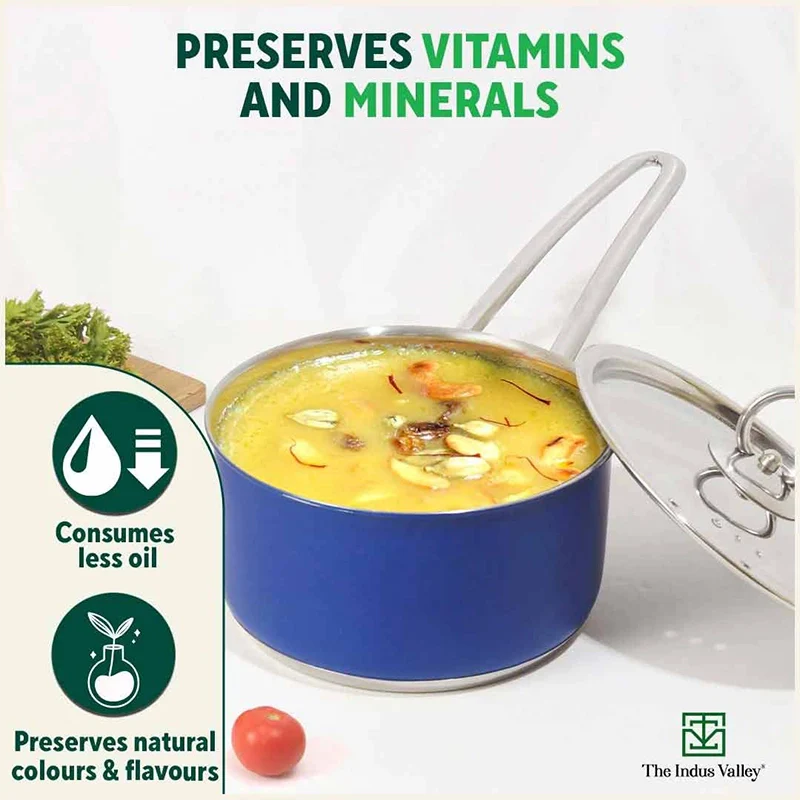 Tri-Steel Premium Stainless Steel Saucepan/ Milk/ Tea Pan, Tri-ply (3 Layer) Induction Bottom, Steel Lid, 1.4L, Blue