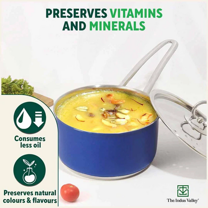 Tri-Steel Premium Stainless Steel Saucepan/ Milk/ Tea Pan, Tri-ply (3 Layer) Induction Bottom, Steel Lid, 1.4L, Blue