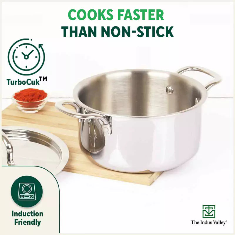 TurboCuk Tri-ply Stainless Steel Casserole/ Cooking Pot/ Sauce Pot+ Steel Lid, Premium Quality, 3 Layer Thick Body, 100% Toxin-free, Non-stick, Induction & Gas, 2.1L