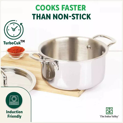 TurboCuk Tri-ply Stainless Steel Casserole/ Cooking Pot/ Sauce Pot+ Steel Lid, Premium Quality, 3 Layer Thick Body, 100% Toxin-free, Non-stick, Induction & Gas, 2.1L