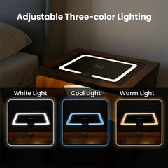 Smart Solid Wood Bedside Table with Wireless Charging Station, LED Light, Rattan Drawer & USB Ports for Bedroom & Living Room