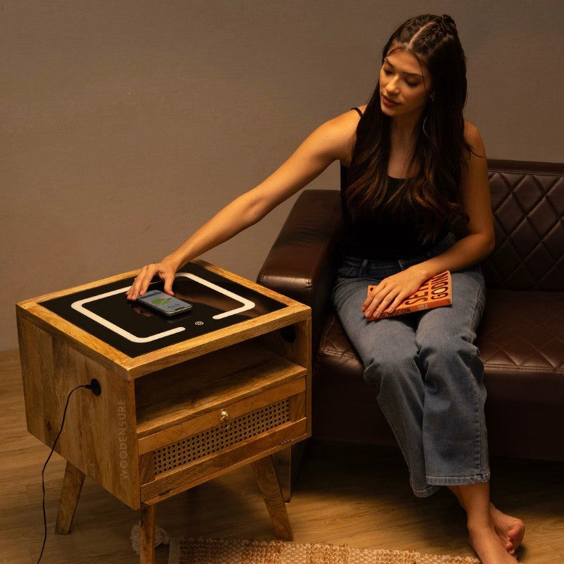 Smart Solid Wood Bedside Table with Wireless Charging Station, LED Light, Rattan Drawer & USB Ports for Bedroom & Living Room