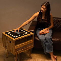 Smart Solid Wood Bedside Table with Wireless Charging Station, LED Light, Rattan Drawer & USB Ports for Bedroom & Living Room