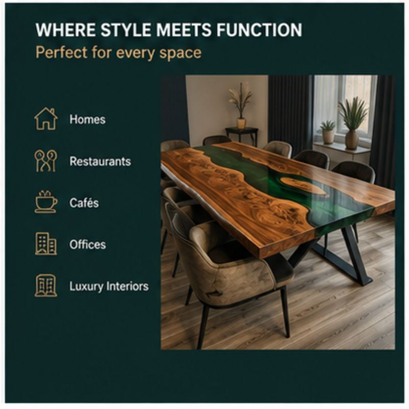 Handmade Live Edge Epoxy Resin Dining Table, Green River Dining Table for Modern Kitchen & Dining Area, Live Edge Natural Wood Artistic Top