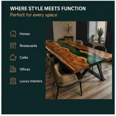 Handmade Live Edge Epoxy Resin Dining Table, Green River Dining Table for Modern Kitchen & Dining Area, Live Edge Natural Wood Artistic Top