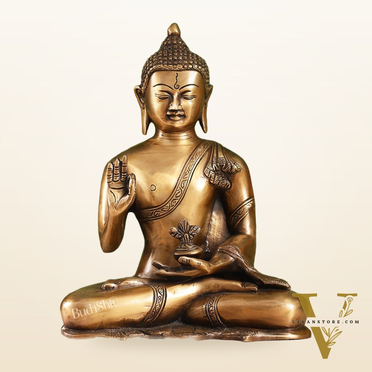 Smooth Matte Gold Brass Buddha Statue in Abhaya Mudra | 10.5-inch