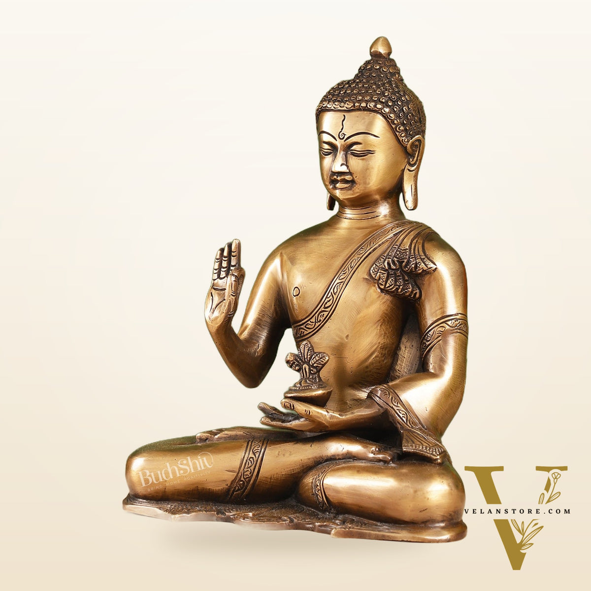Smooth Matte Gold Brass Buddha Statue in Abhaya Mudra | 10.5-inch