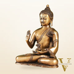 Smooth Matte Gold Brass Buddha Statue in Abhaya Mudra | 10.5-inch