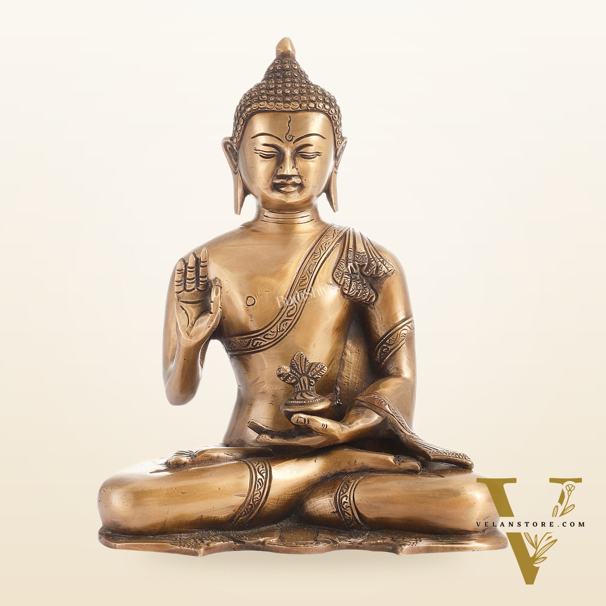 Smooth Matte Gold Brass Buddha Statue in Abhaya Mudra | 10.5-inch