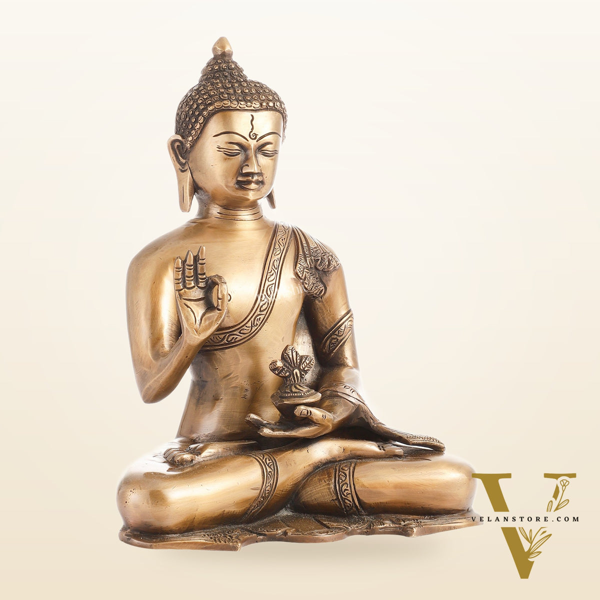 Smooth Matte Gold Brass Buddha Statue in Abhaya Mudra | 10.5-inch